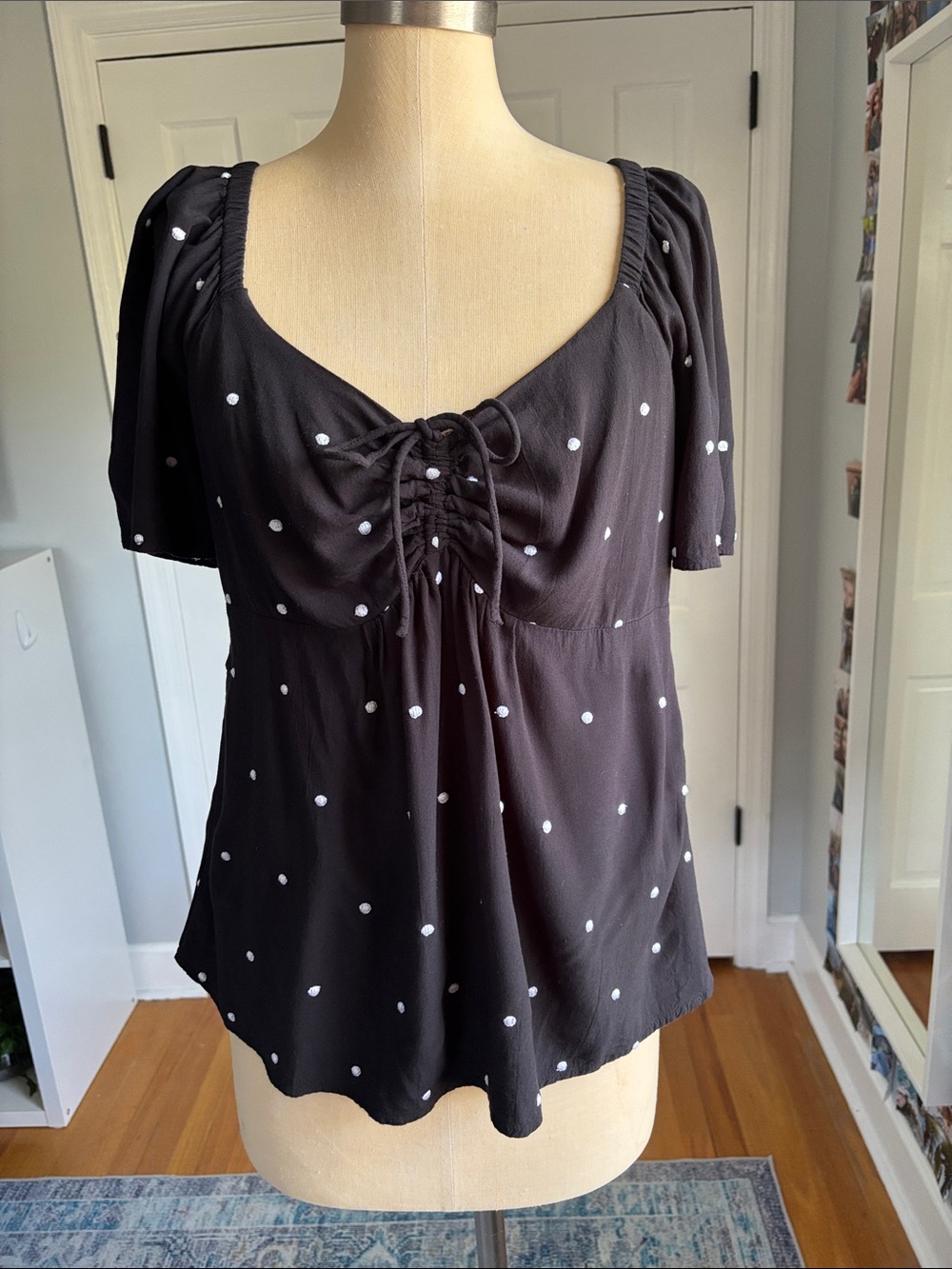 LOFT Black Polka Dot Tie-Front Short Sleeve Top
